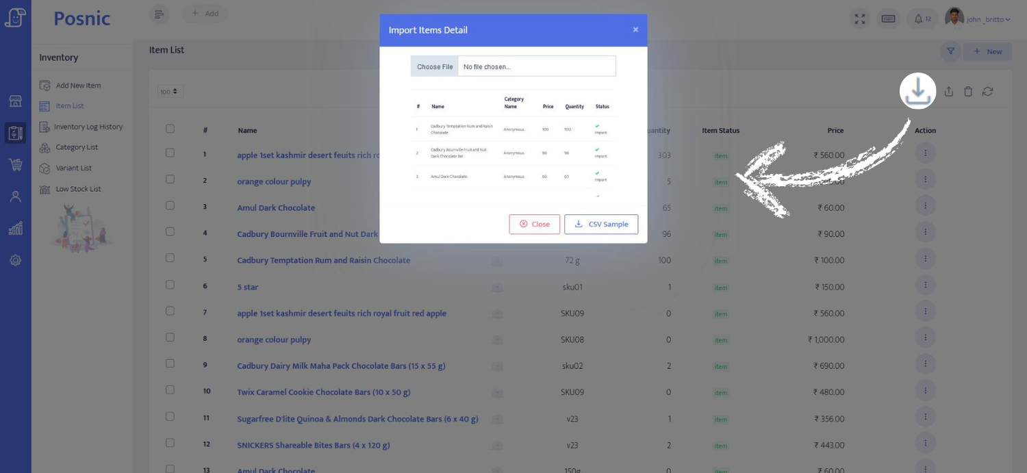 Posnic import screen