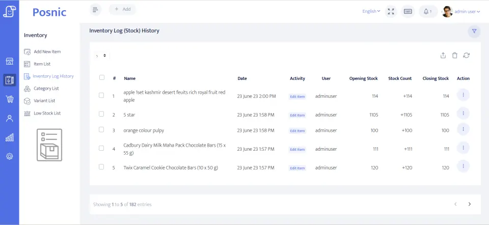 Posnic inventory log with dated stock movement records