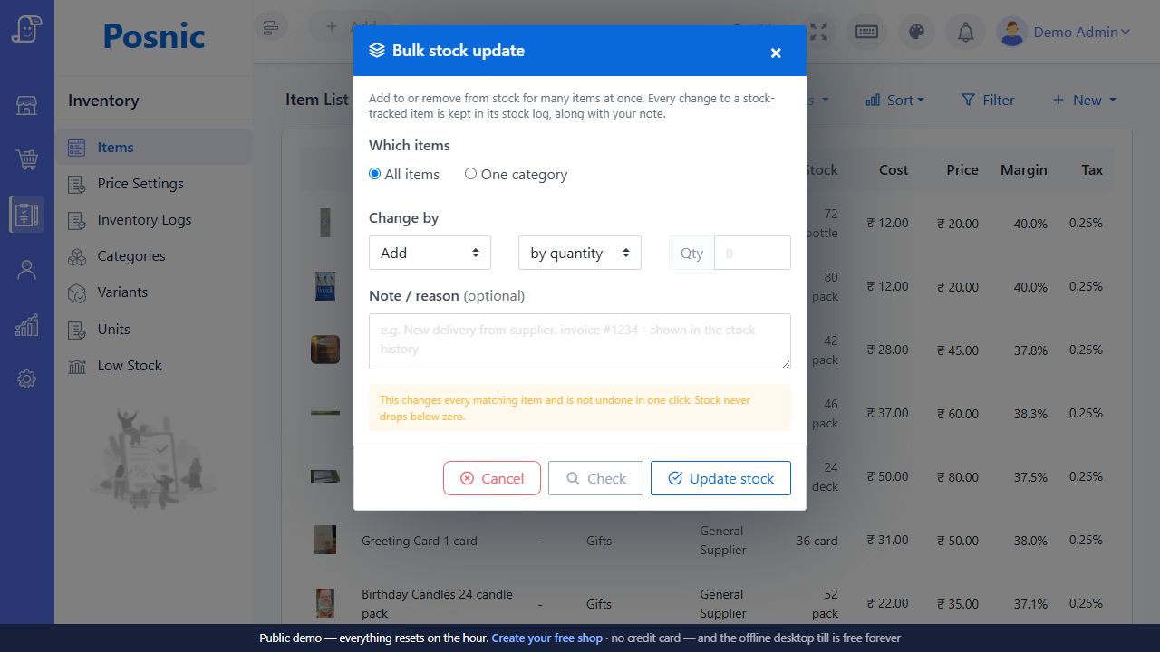 Current Posnic Bulk stock update dialog showing all items or category scope add or remove direction quantity or percentage value reason Check and Update stock