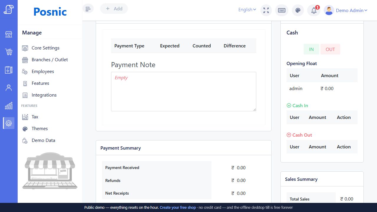 Current Posnic open cash register with payment tally cash details and denomination counting area