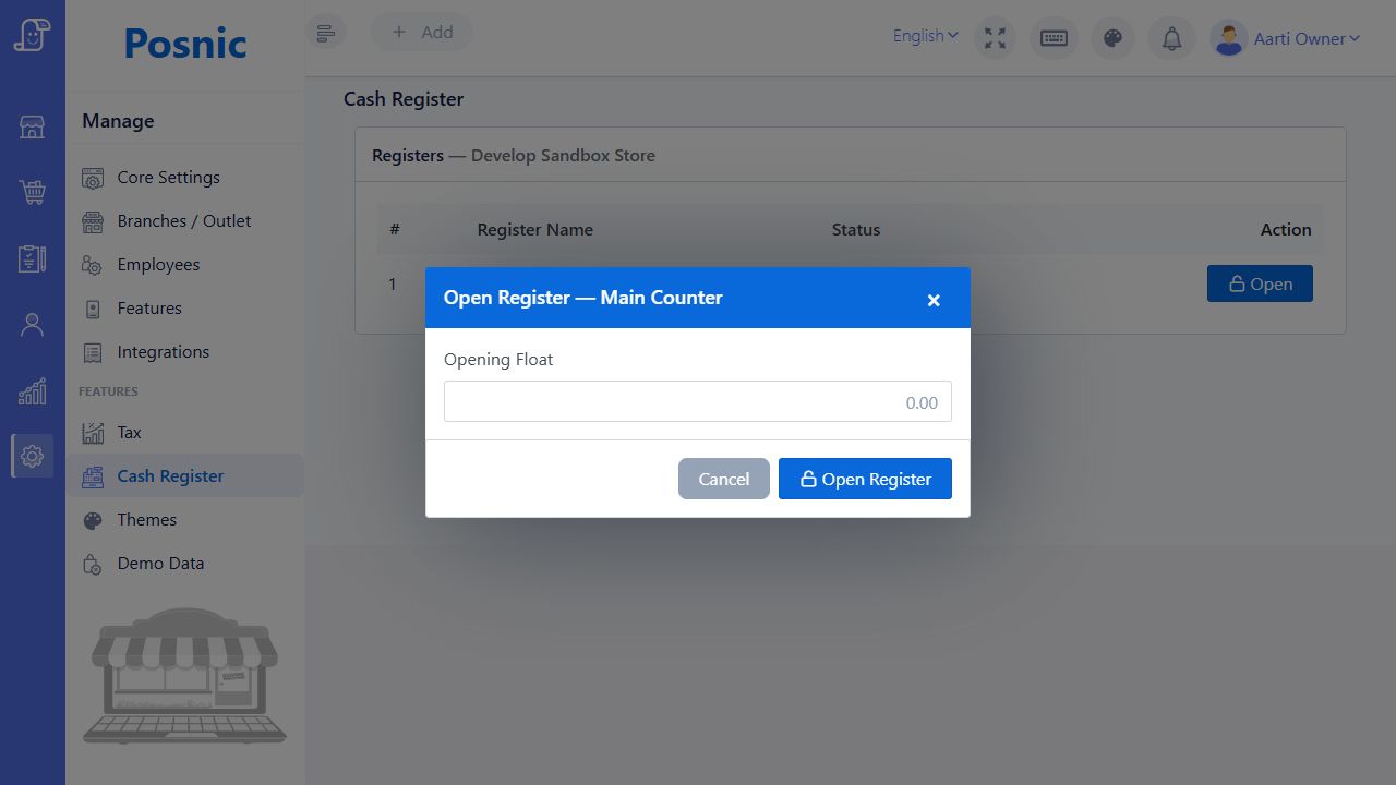 Current Posnic Open Register modal for Main Counter with opening float input