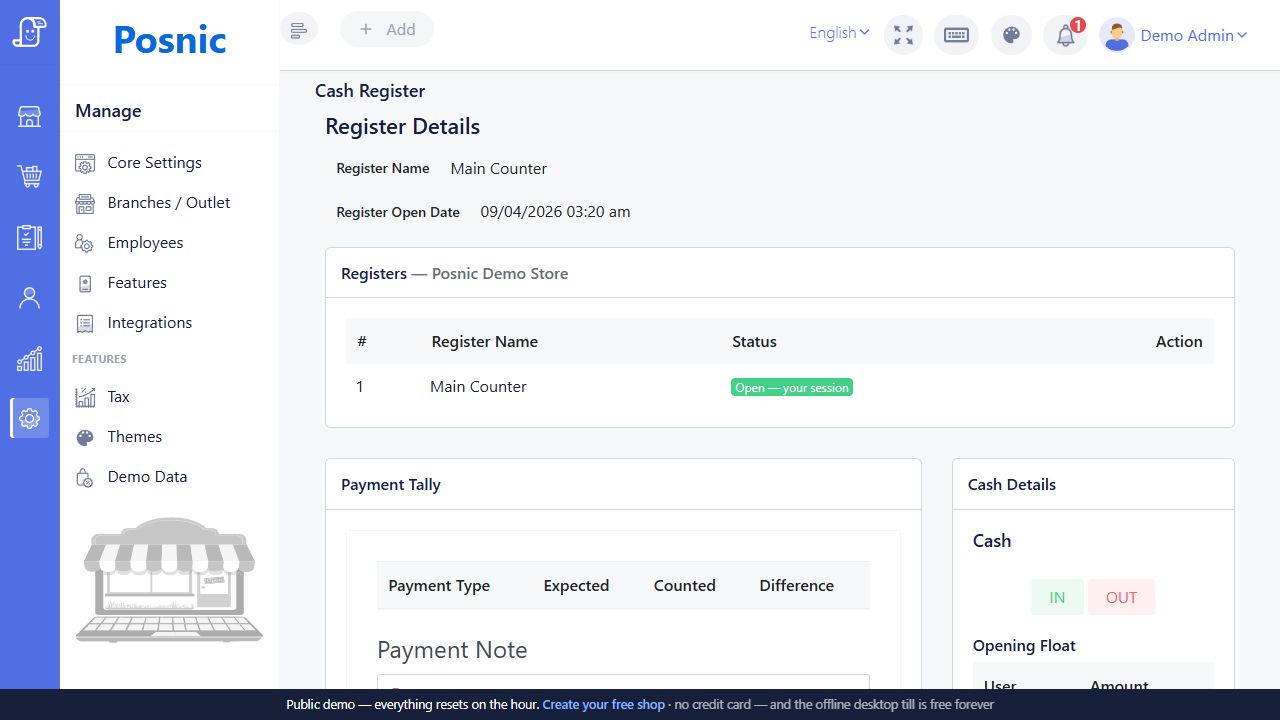 Live Posnic Cash Register session showing Main Counter open as your session with payment tally and cash details