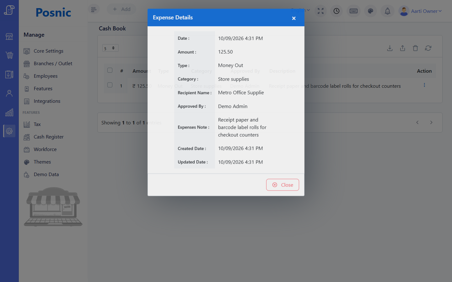 Live Expense Details modal showing Cash Book transaction and audit fields