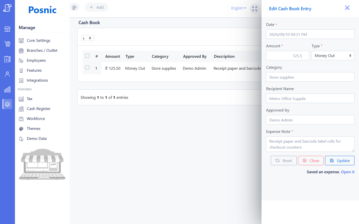 Live Edit Cash Book Entry side panel with Reset Close and Update buttons