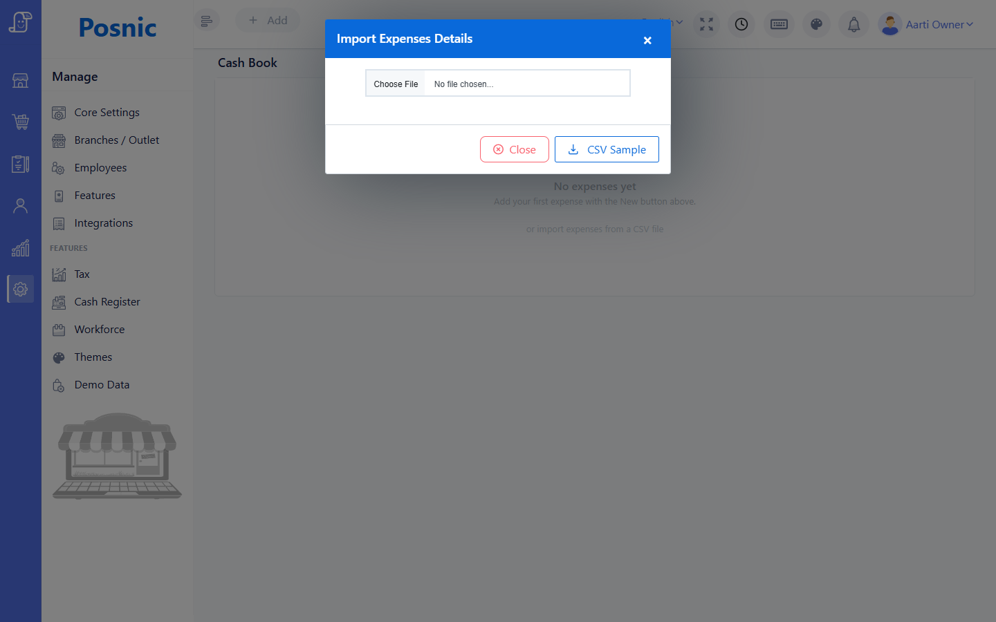 Live Import Expenses Details dialog with file picker and CSV Sample button
