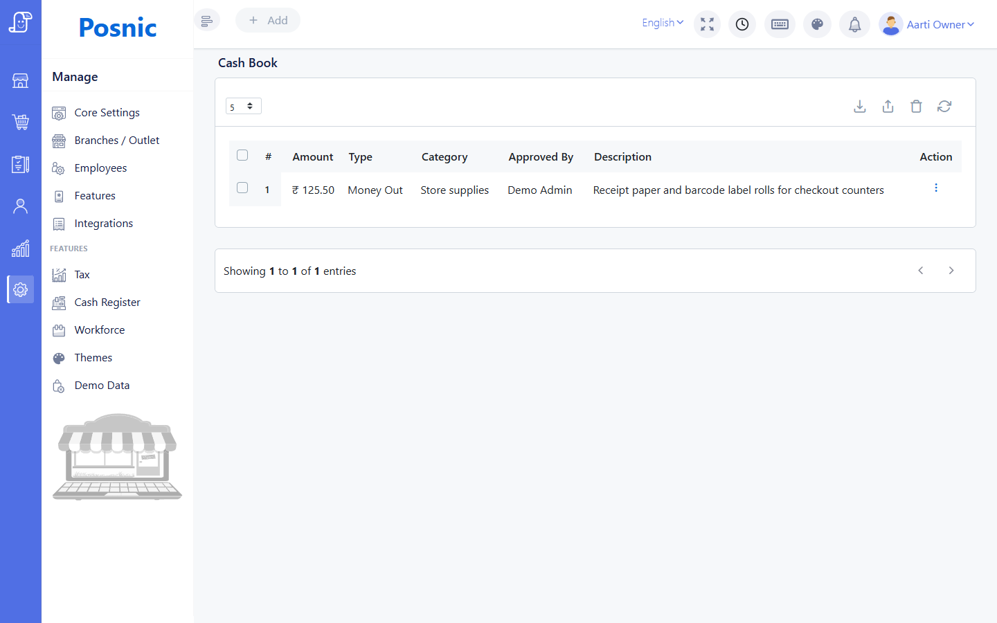 Live Posnic Cash Book list with a Money Out entry and three-dot action menu