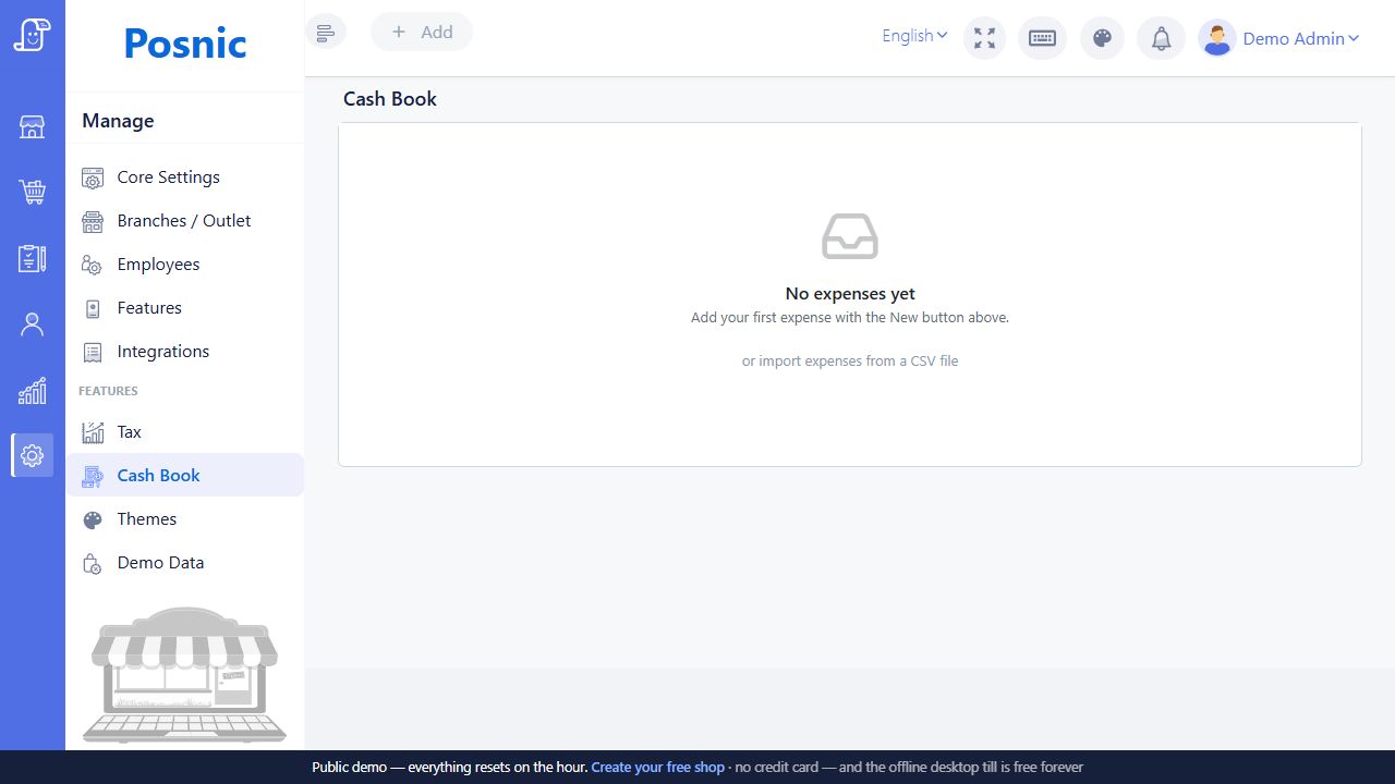 Cash Book page showing empty state with New entry and CSV import options