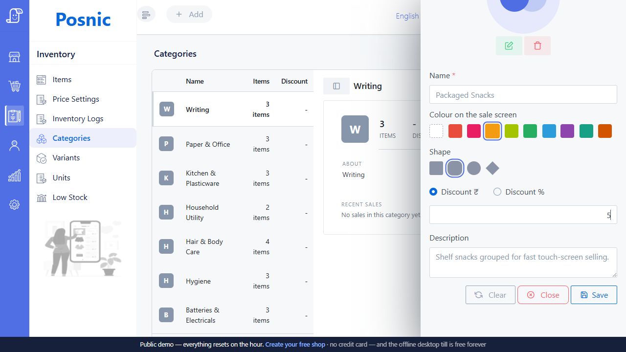 Live Posnic Add Category panel with image, name, sale-screen colour, shape, discount and description fields