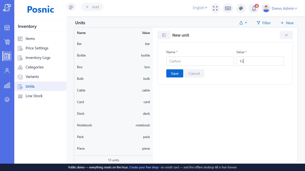 Live Posnic New unit inline editor with Name and Value fields