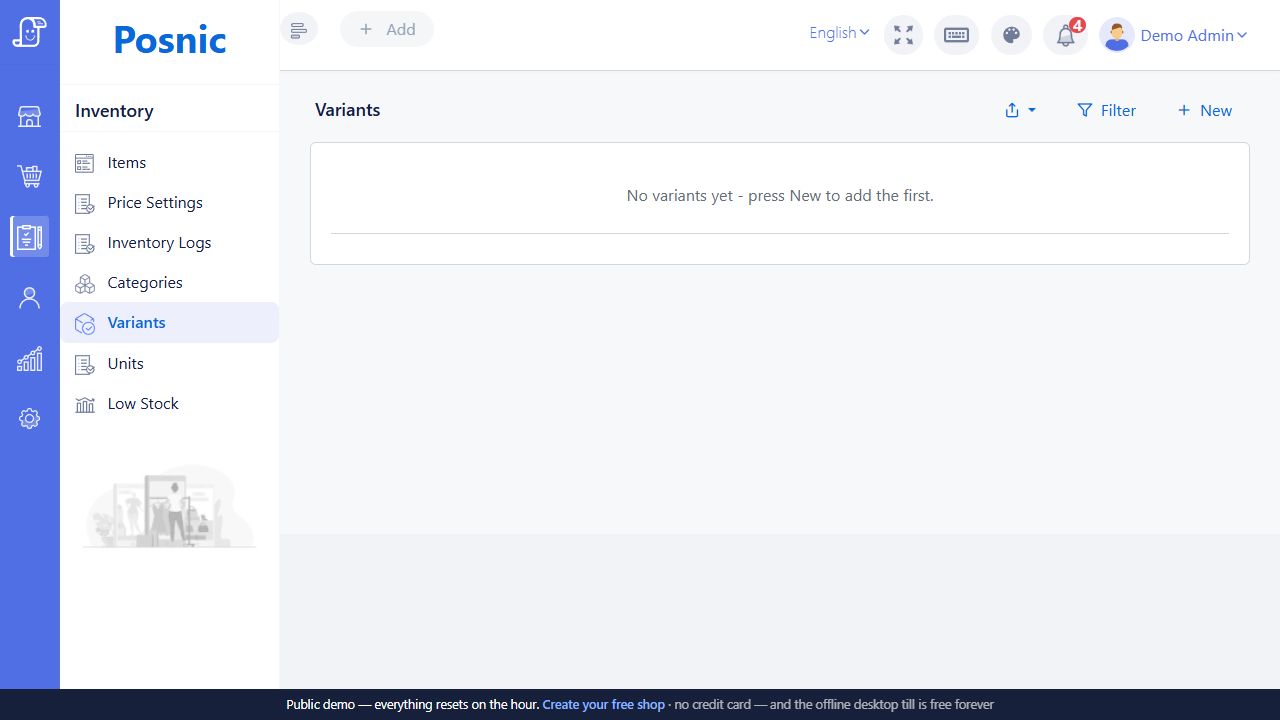 Live Posnic Variants page with export, filter, new and empty-state controls