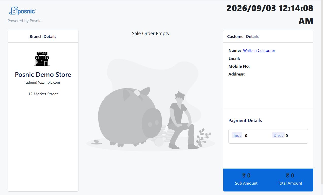 Live Posnic Customer Display empty state with branch details walk-in customer and zero totals