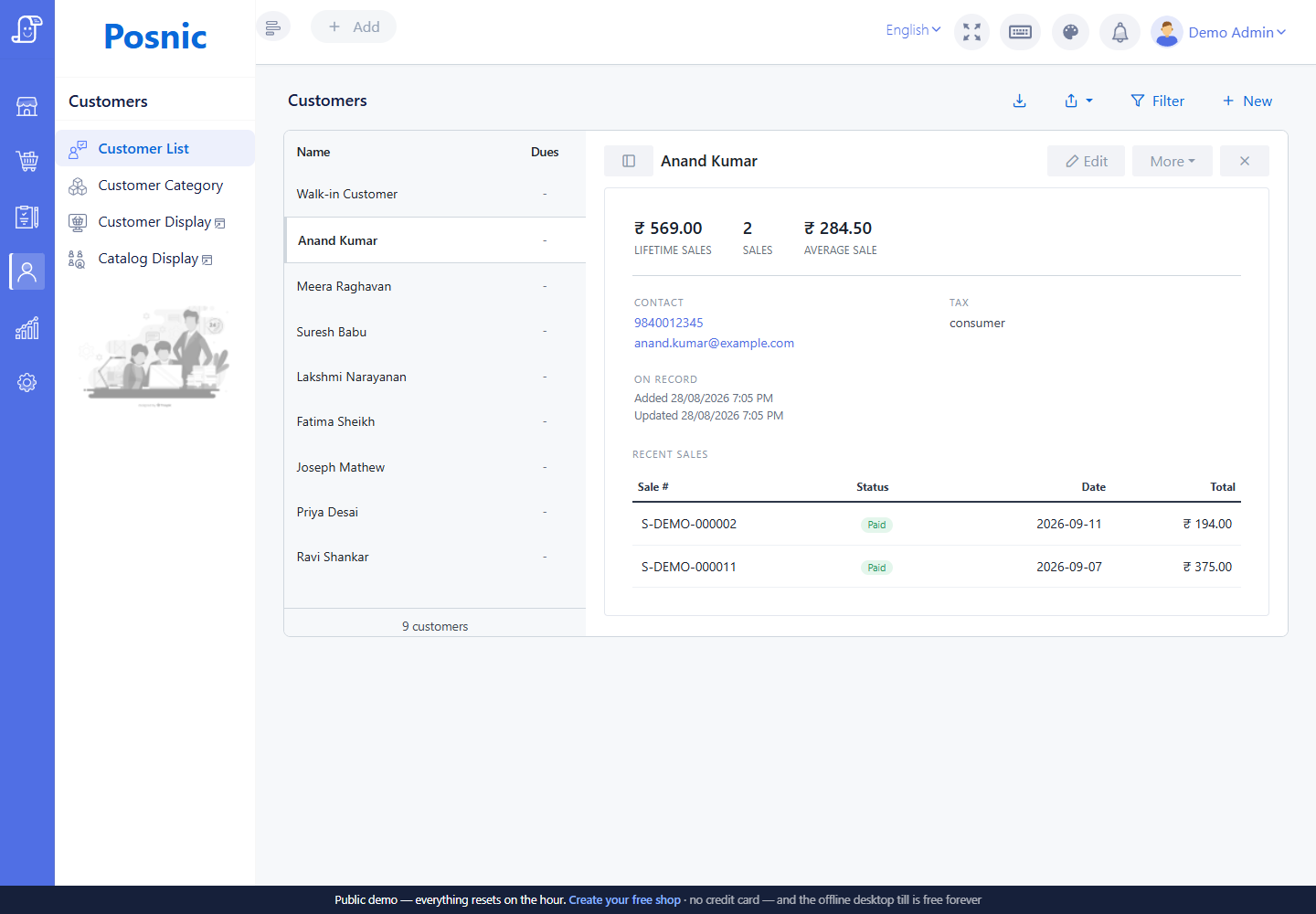 Live Posnic customer dossier showing Anand Kumar contact details lifetime sales and recent sales before editing
