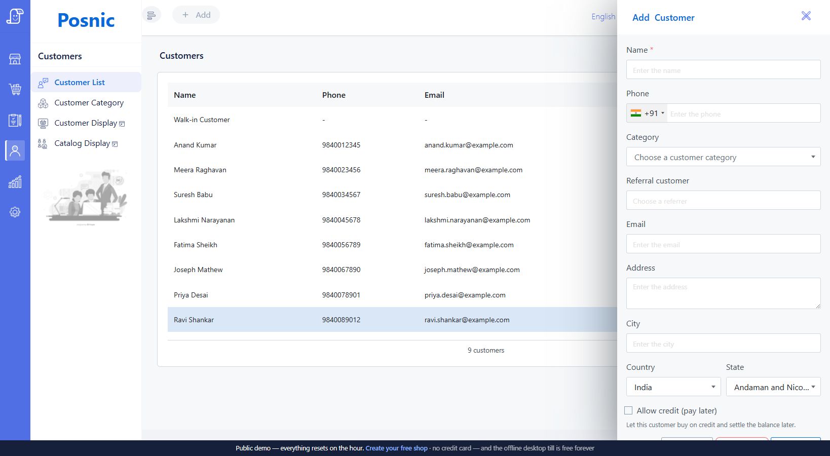 Add Customer drawer with name phone category referral email address and credit controls