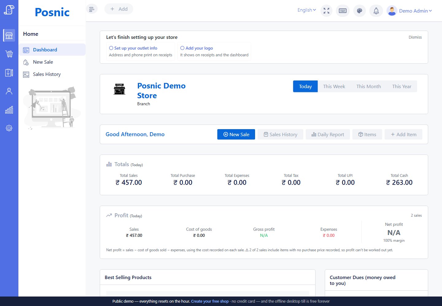 Posnic dashboard after administrator login
