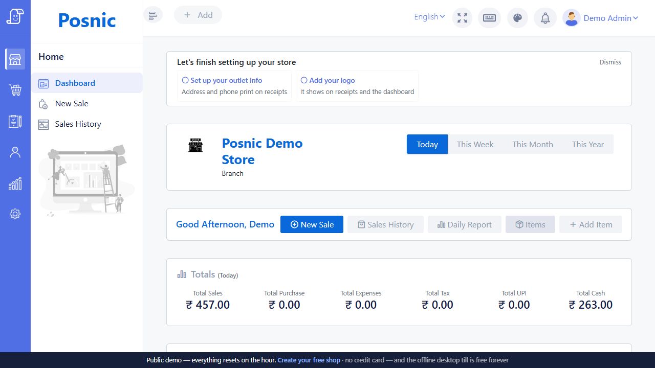Live Posnic dashboard with the store setup checklist above the outlet and period controls