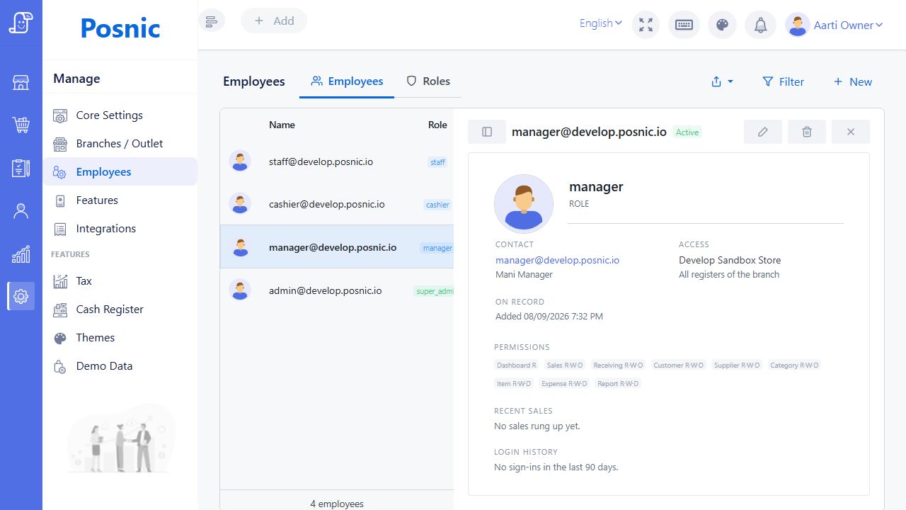 Current Posnic manager employee detail pane showing active status branch register access permissions recent sales and login history