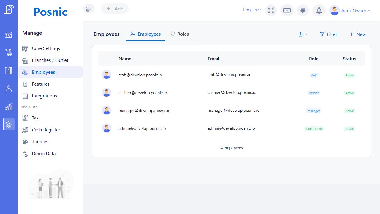 Current Posnic Employees list showing employee names emails roles and active status