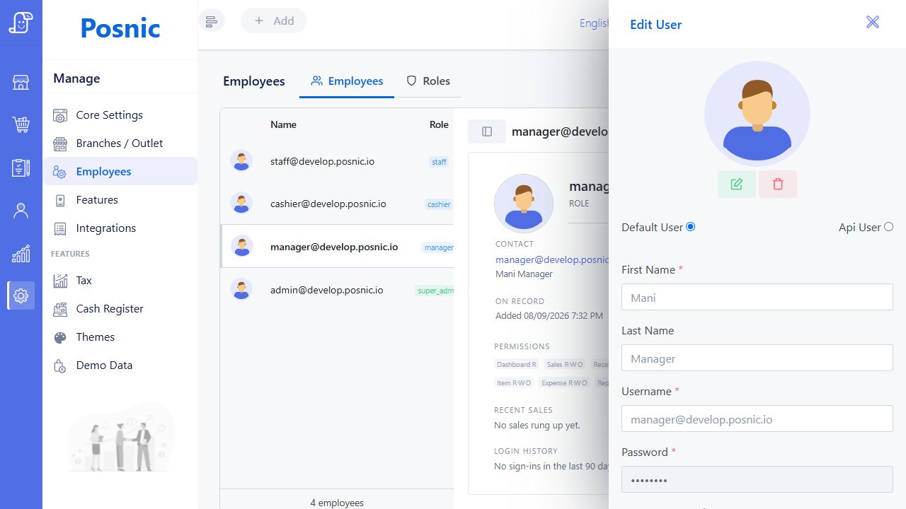 Current Posnic employee list and Edit User drawer showing the selected manager account