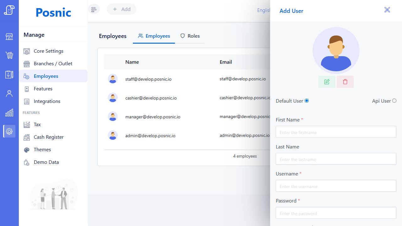 Current Posnic Add User drawer in Default User mode with identity and password fields