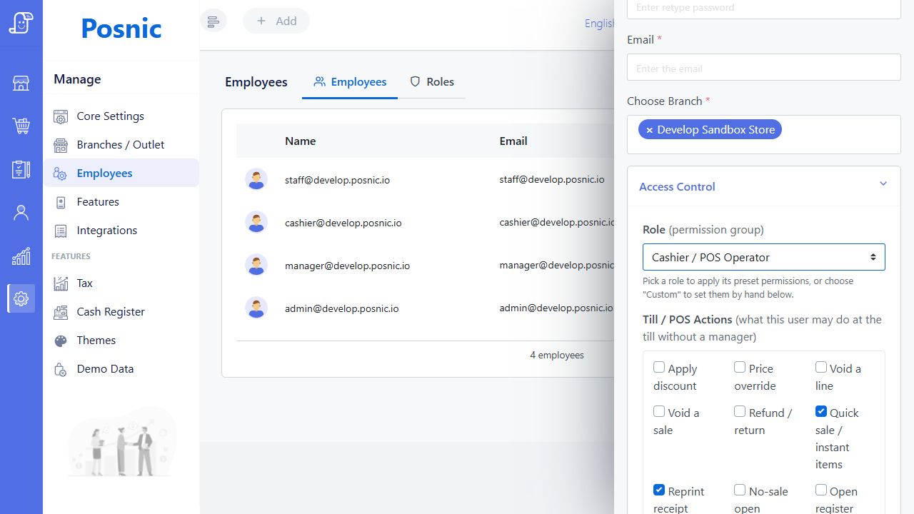 Current Posnic Add User drawer with branch selected and Cashier POS Operator role applied