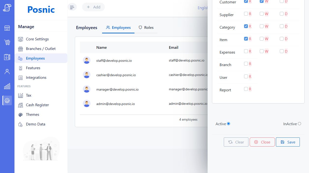 Current Posnic Add User drawer showing lower permission rows Active InActive and Save controls