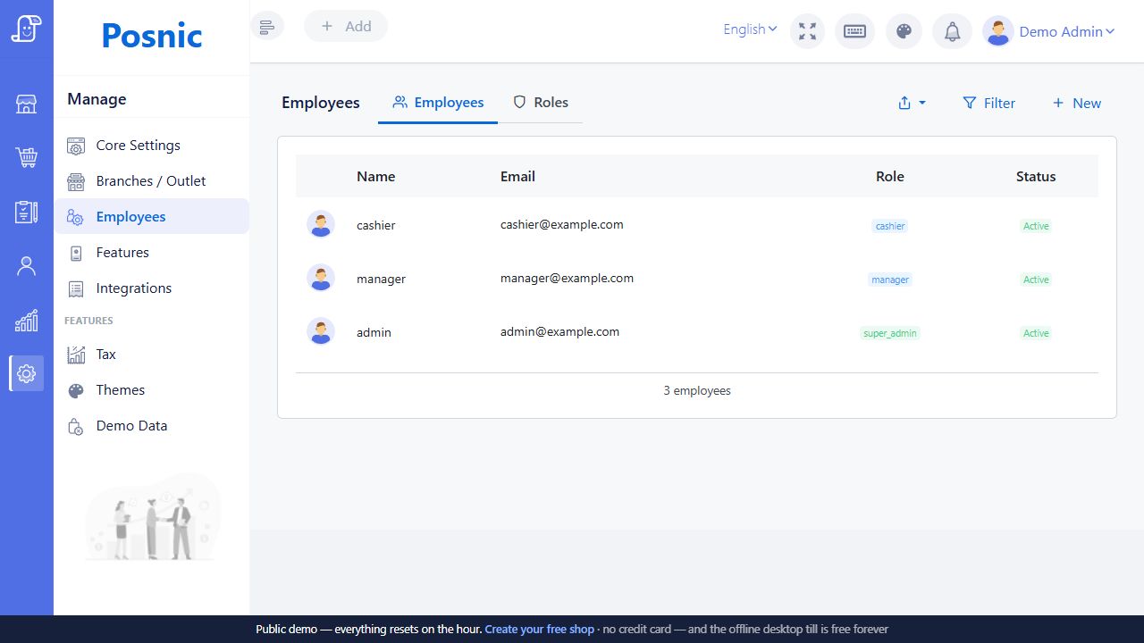 Live Posnic Employees list with Employees and Roles tabs