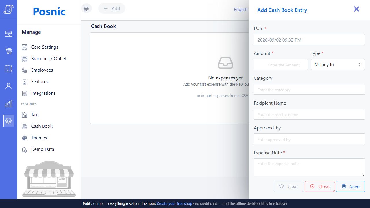 Add Cash Book Entry panel with date amount type category recipient approved-by and note fields