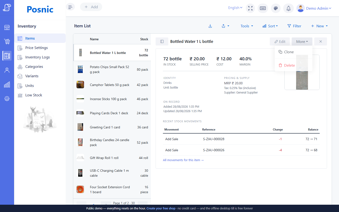Live Posnic item detail with the More menu open and Clone action visible