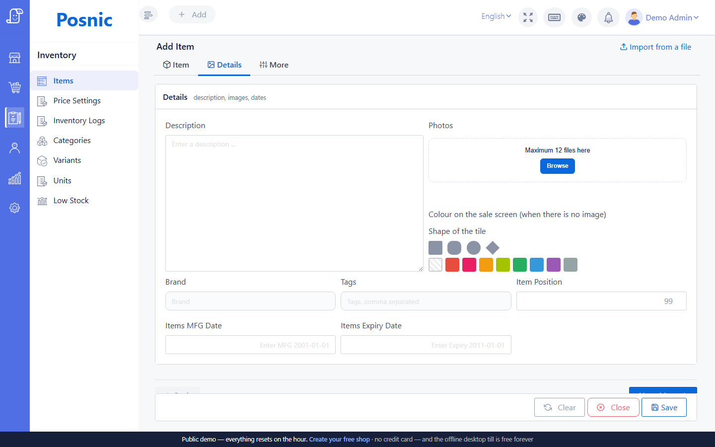Current Posnic Add Item Details tab with manufacturing and expiry date fields