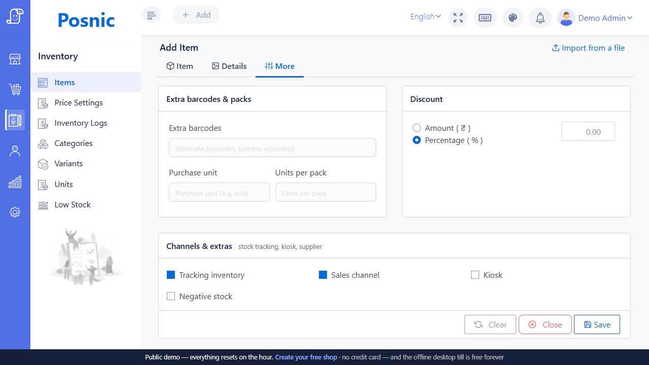 Posnic Add Item More tab containing Channels and extras