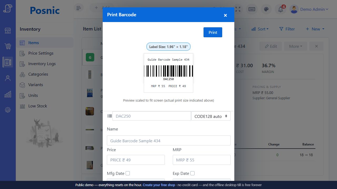 Current Posnic Print Barcode dialog with barcode preview label size item name price and print button