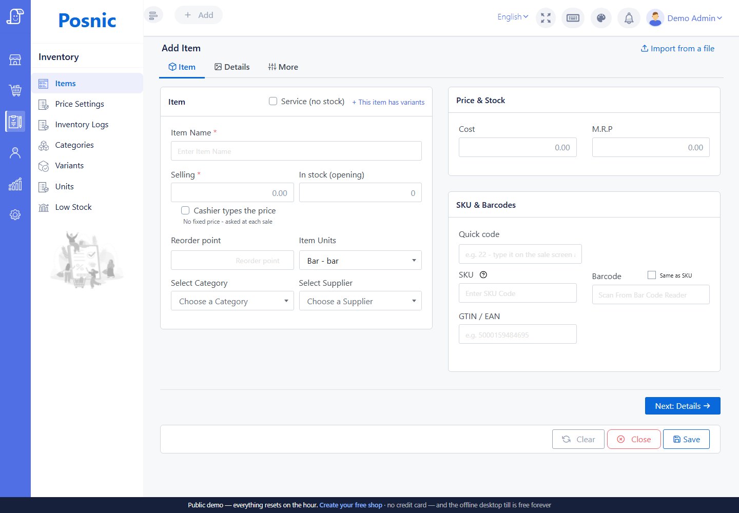 Posnic Add Item screen containing the Service no stock control