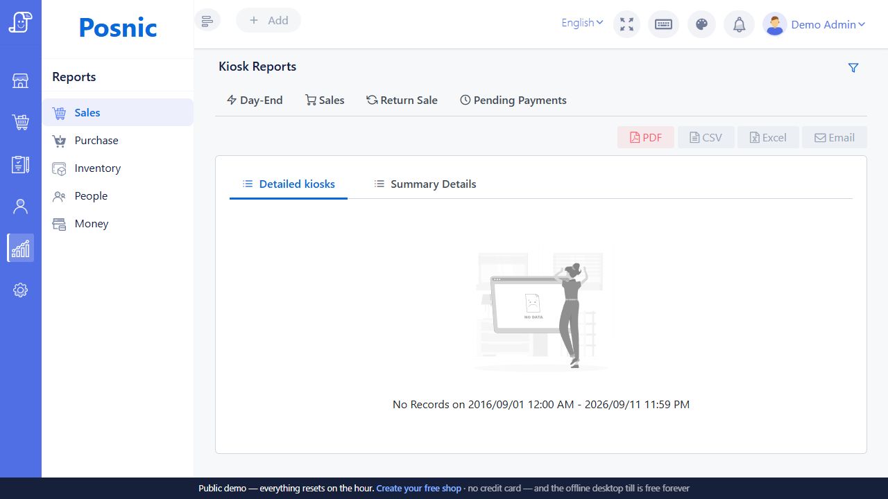 Live Posnic Detailed kiosks report showing the current no-record state and report controls