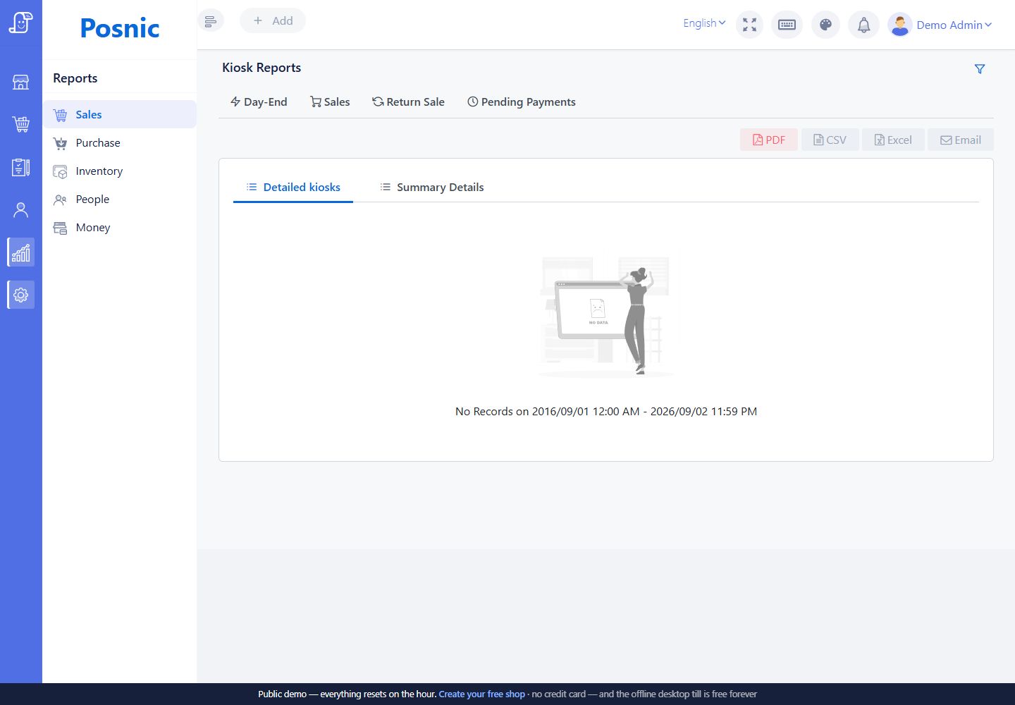 Posnic detailed Kiosk Report used to verify test orders for the configured store