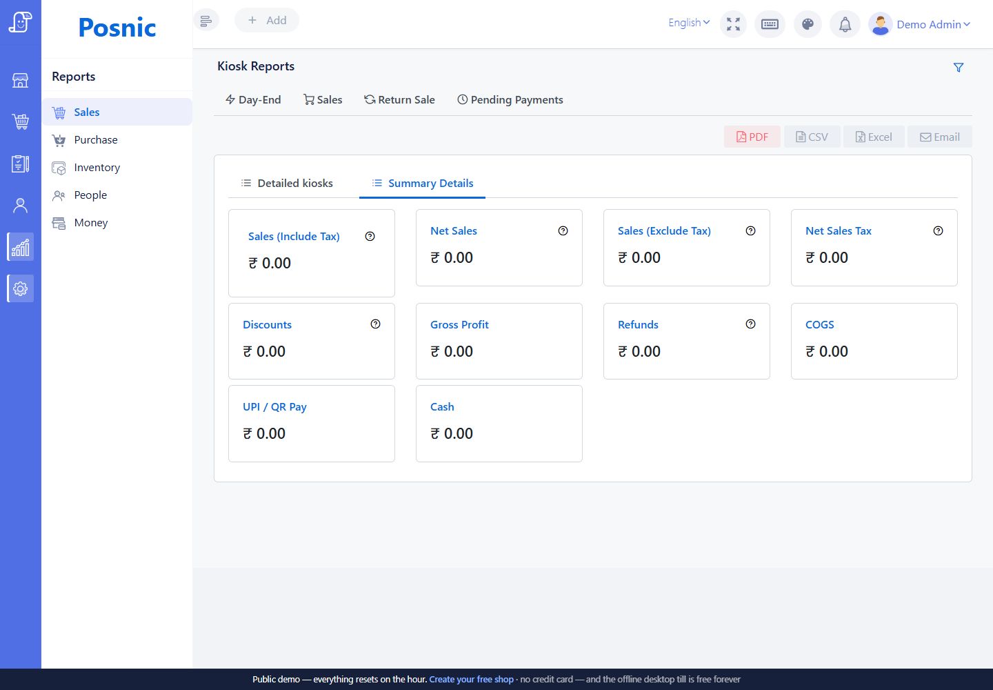 Kiosk Reports summary tab with sales discounts refunds COGS UPI QR pay and cash totals