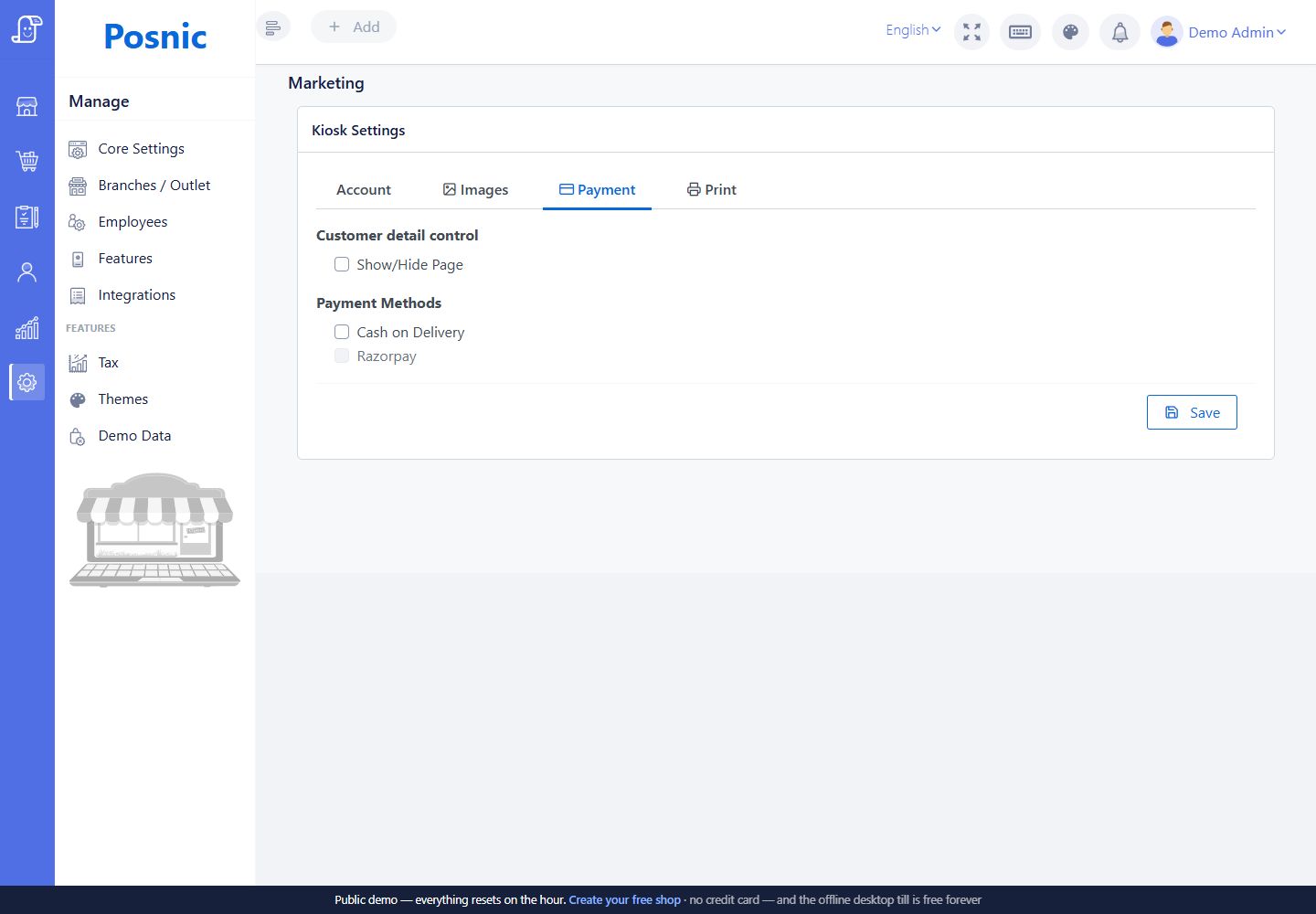 Posnic kiosk payment settings with Razorpay as an available gateway-dependent payment option