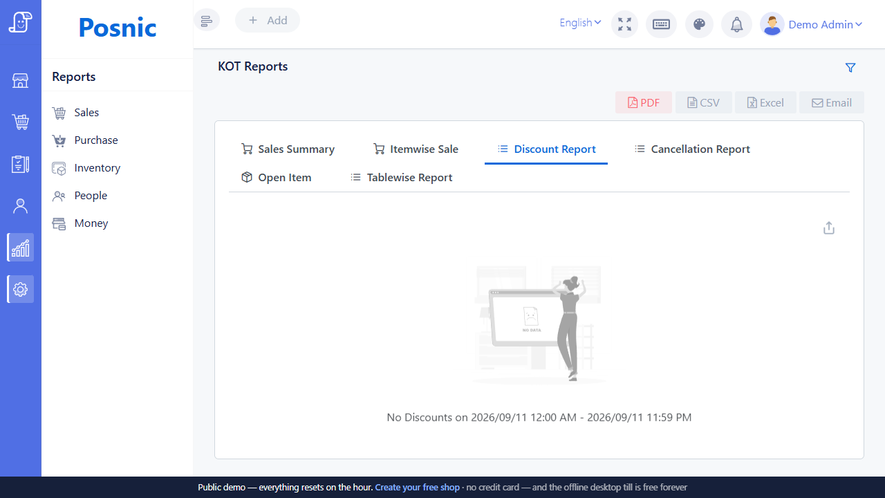 Live Posnic KOT Discount Report showing no discounted KOT orders for the selected day