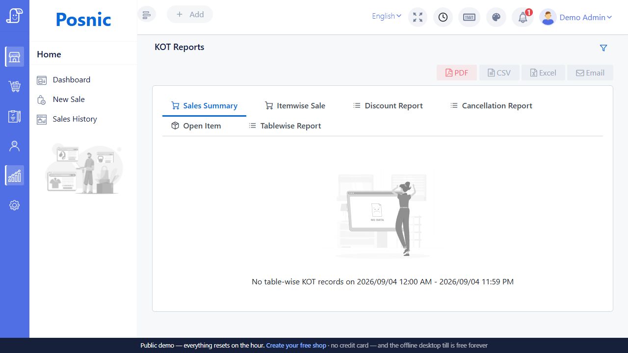 Current Posnic KOT Reports with cancellation and open item report tabs