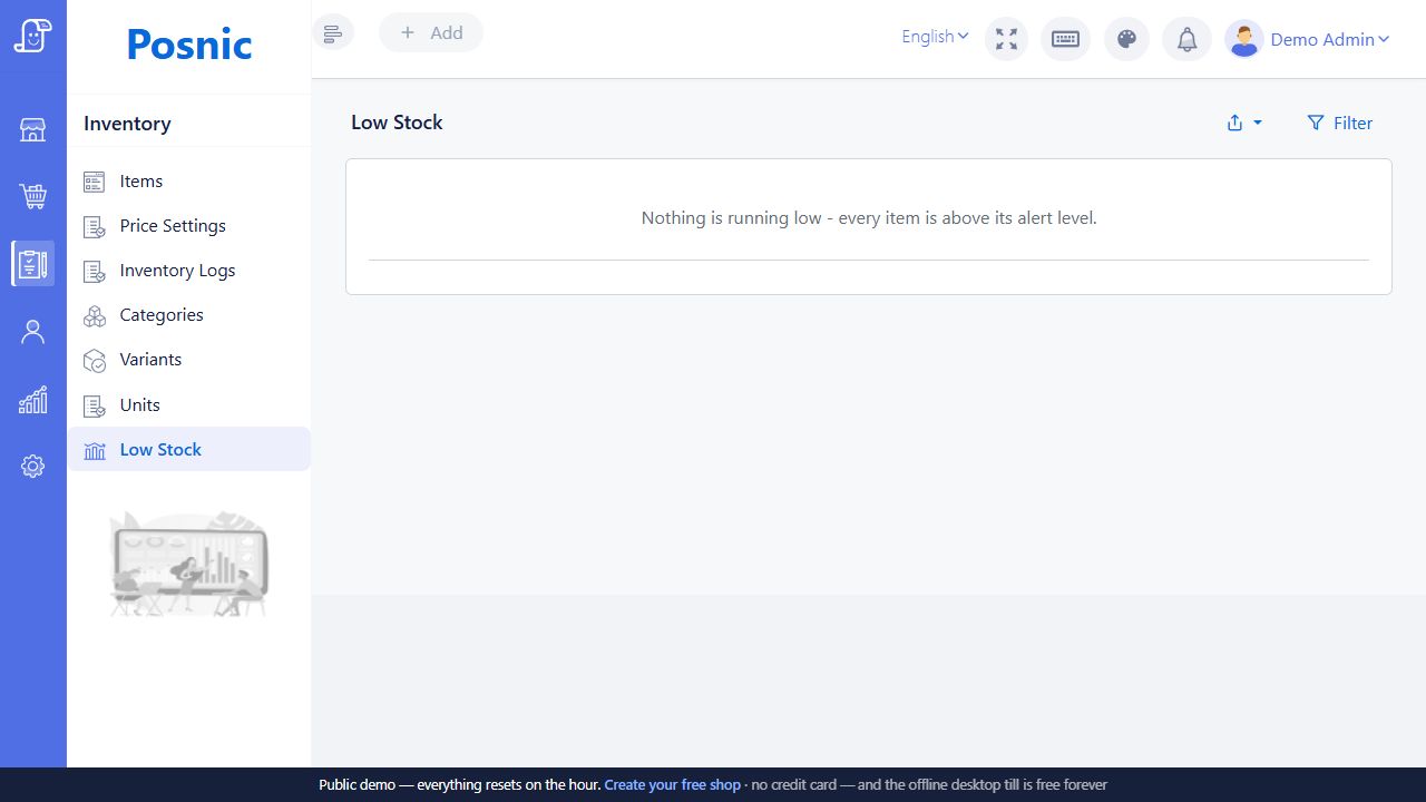 Live Posnic Low Stock screen showing that every item is above its alert level