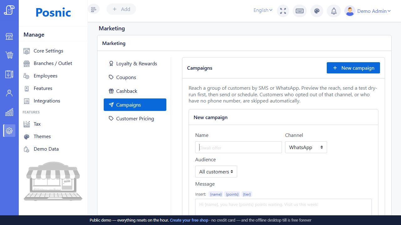 Current Posnic New campaign form with name channel audience message merge fields and delivery controls