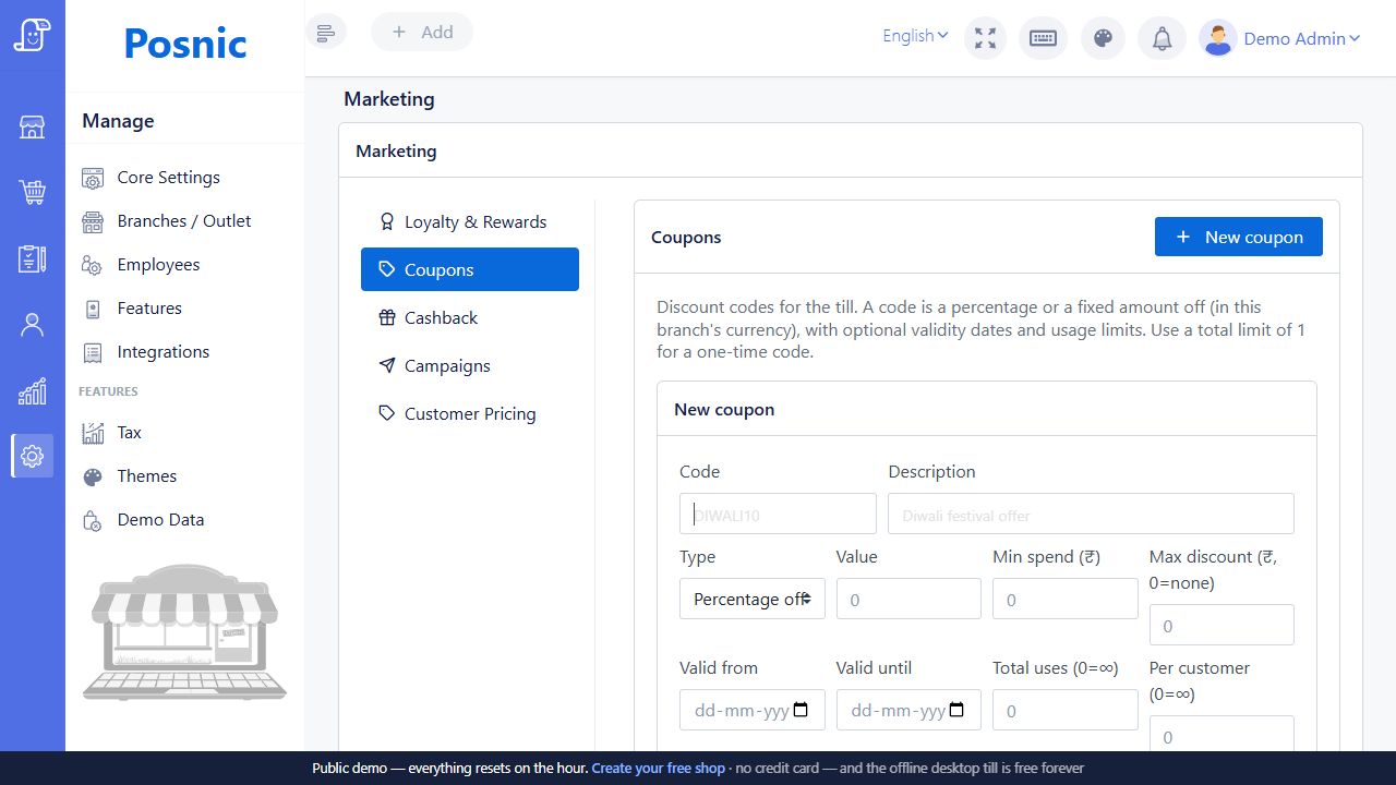 Current Posnic New coupon form showing code description type value minimum spend dates and usage limits
