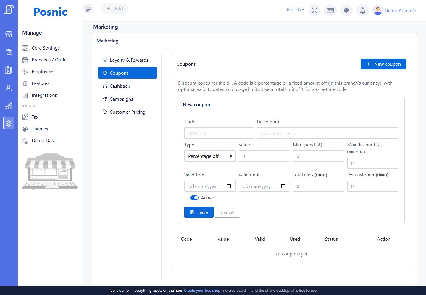Marketing coupon form with code type value dates usage limits and active switch