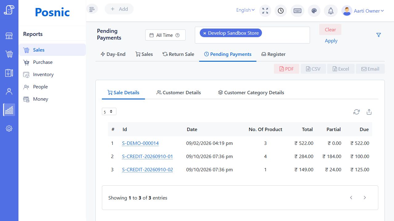Posnic Pending Payments Sale Details with three unpaid and partially paid invoices