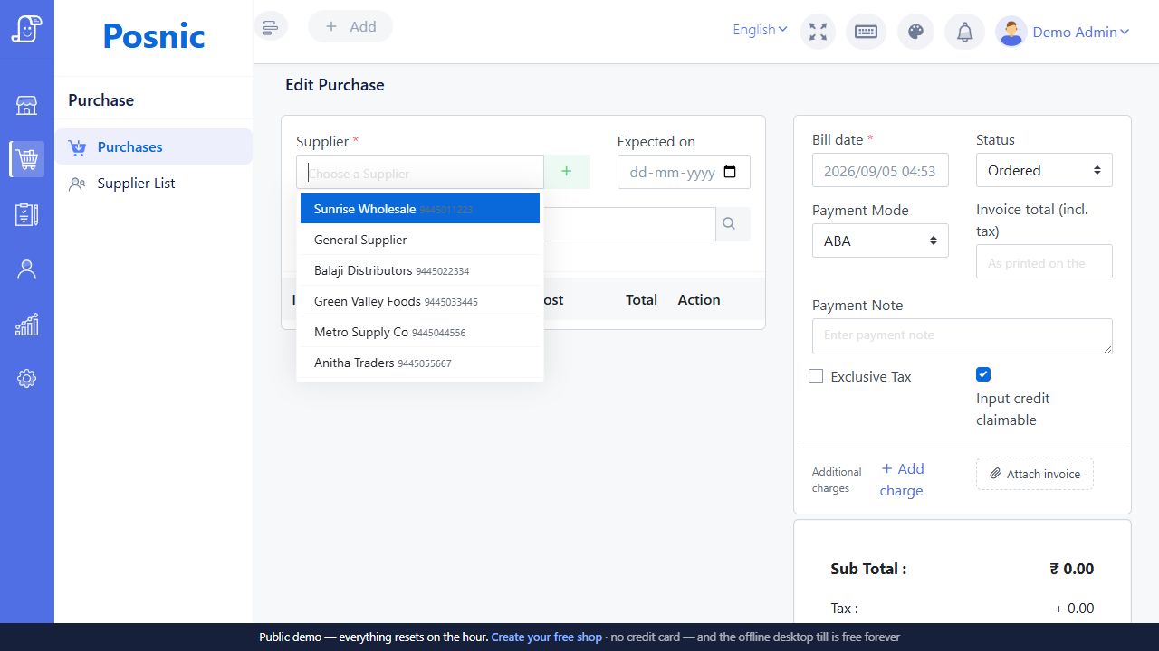 Live Posnic Edit Purchase screen showing supplier item bill status payment tax invoice and charge controls