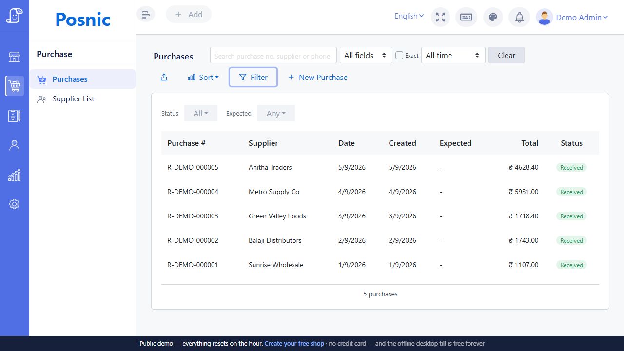 Live Posnic Purchases screen with search filters and list controls