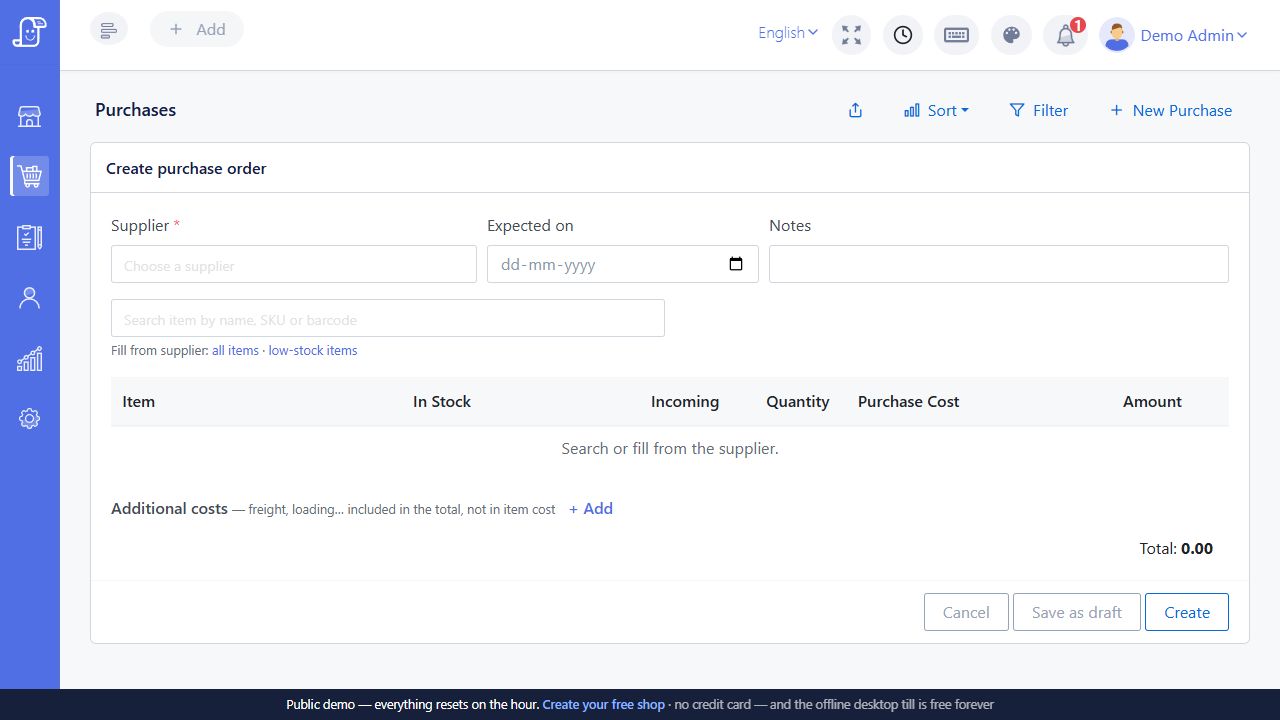 Posnic purchase-order form with supplier expected date item lines costs Save as draft and Create