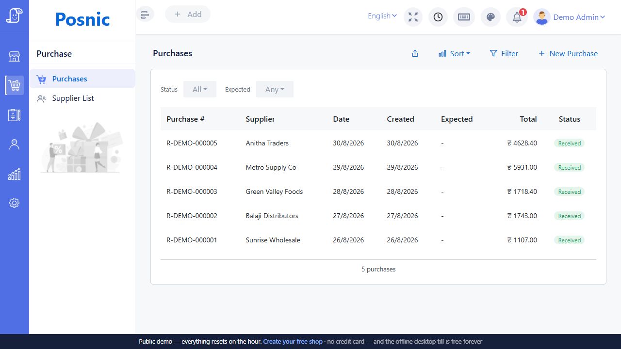 Posnic Purchases list where Draft and Ordered purchase orders can be located by status