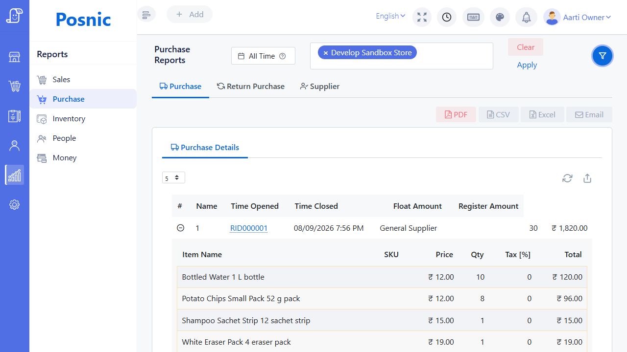 Live Posnic Purchase Reports filter with All Time and Develop Sandbox Store selected
