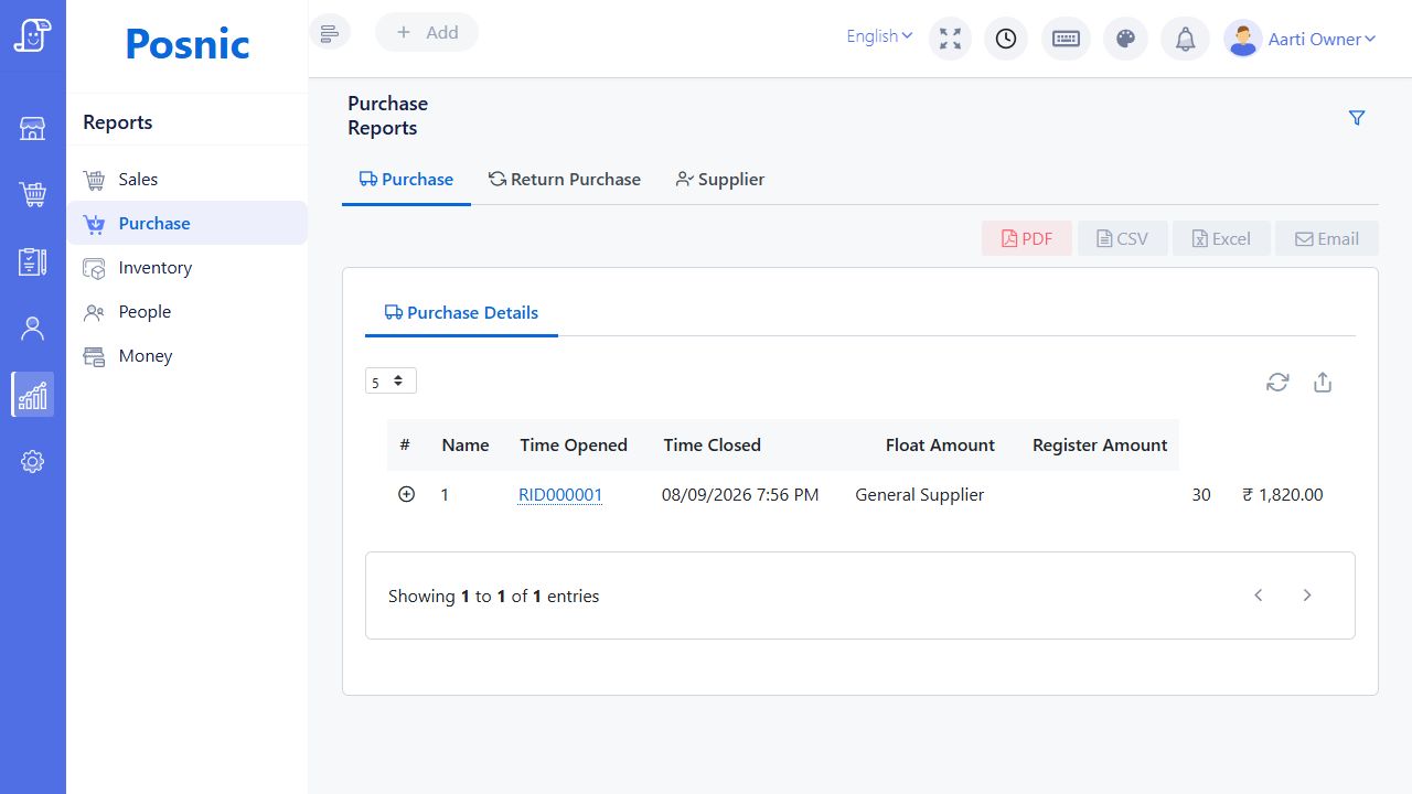 Live Posnic Purchase Reports register with receiving id supplier item count and total