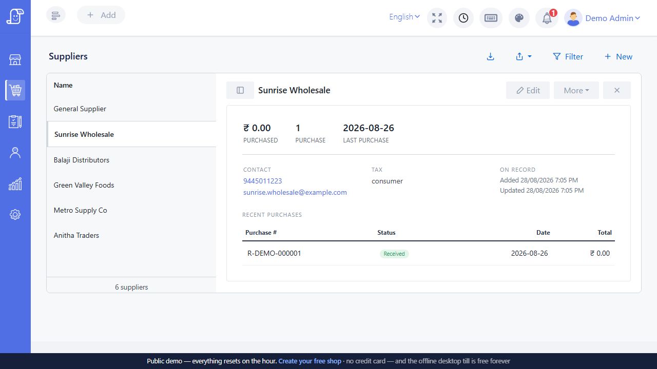 Supplier detail panel with totals contact tax identity and recent purchases